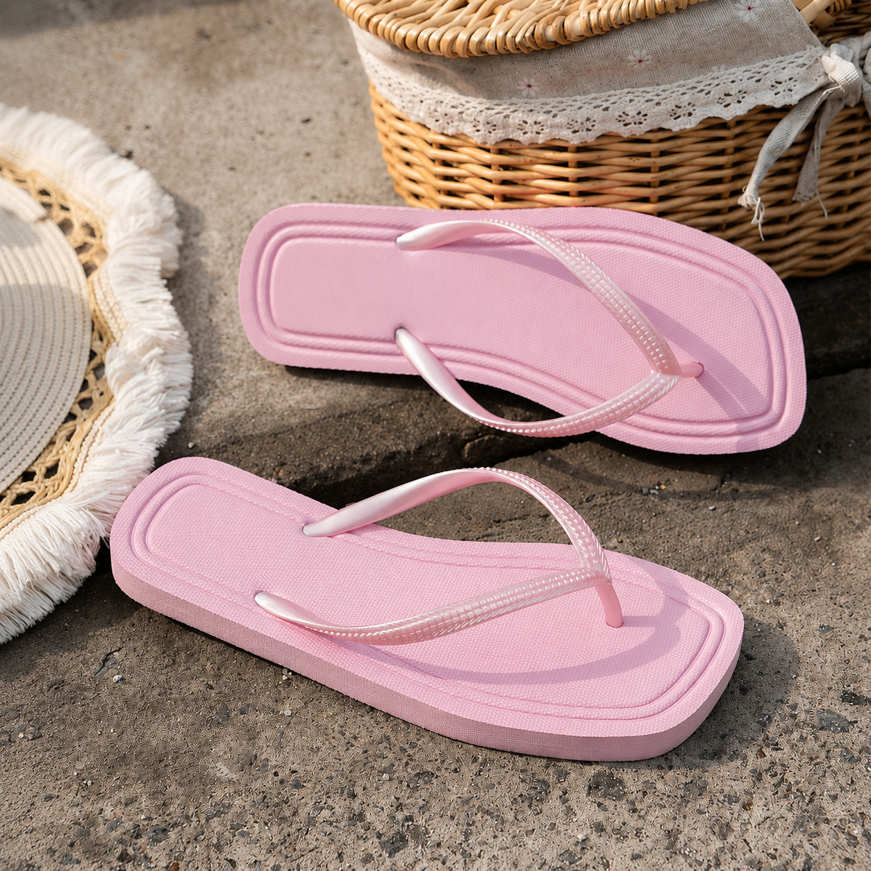 Solid Colored Square Designed Flip Flops For Women