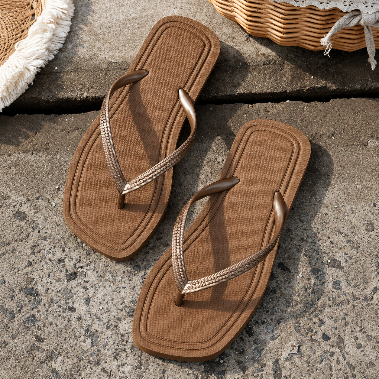 Solid Colored Square Designed Flip Flops For Women