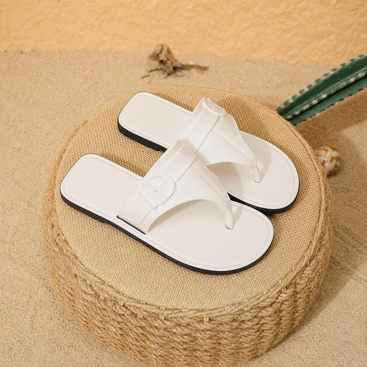 Casual Flat Metal Square Buckle Flip Flops For Women