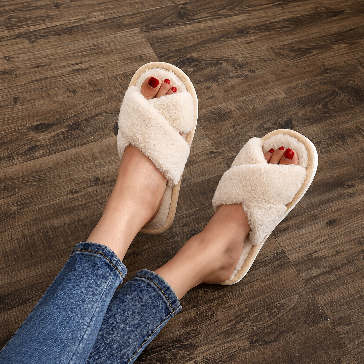 Criss Cross Strap Fluffy Indoor Cozy Slippers