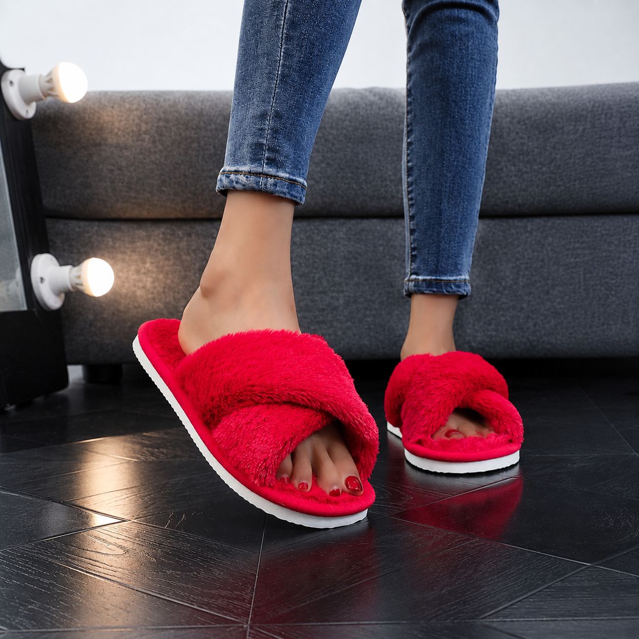 Criss Cross Strap Fluffy Indoor Cozy Slippers