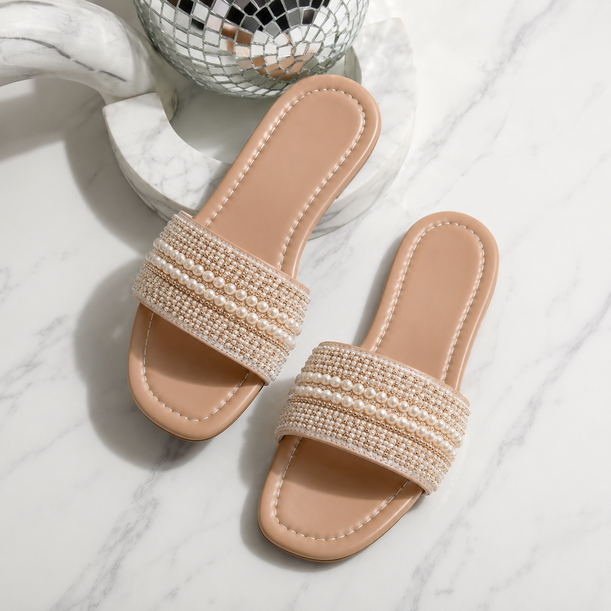 Casual Pearl Rhinestone Flat Sandals For Summer For Women
