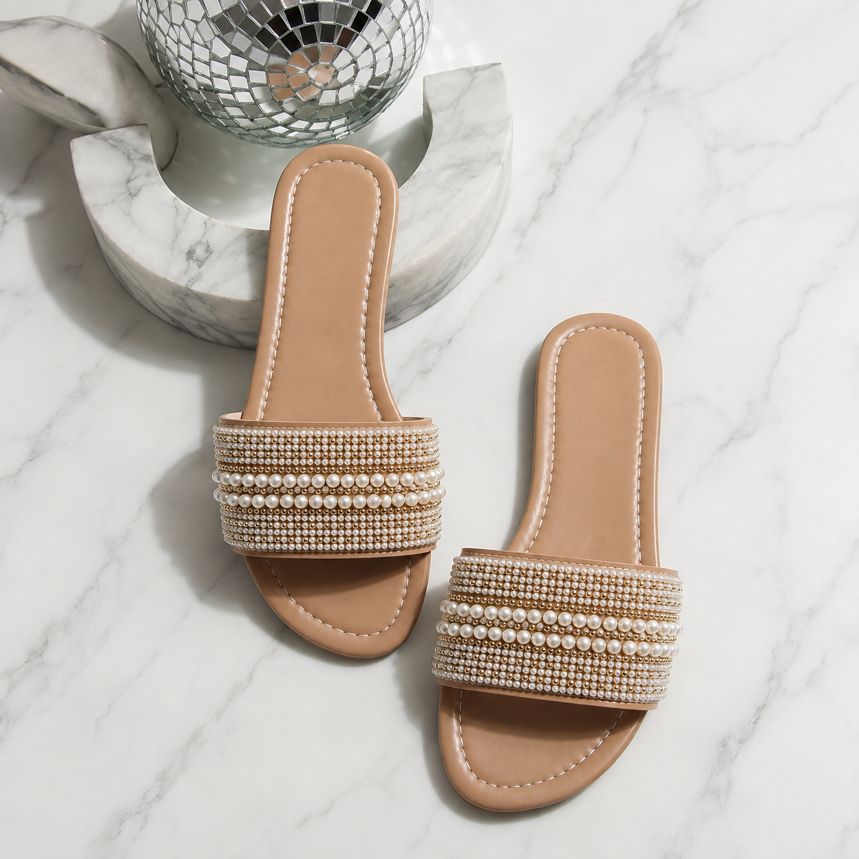 Casual Pearl Rhinestone Flat Sandals For Summer For Women