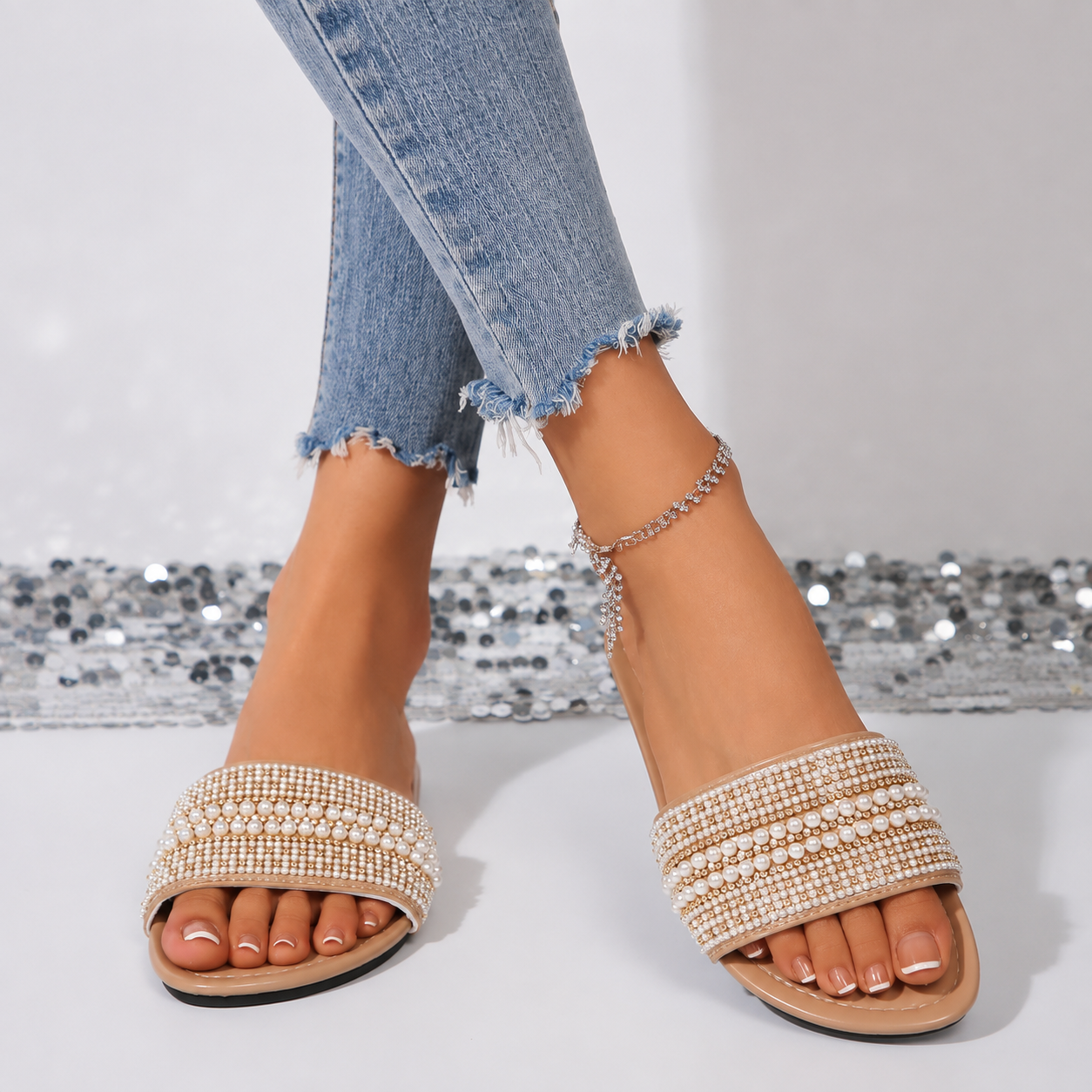 Casual Pearl Rhinestone Flat Sandals For Summer For Women