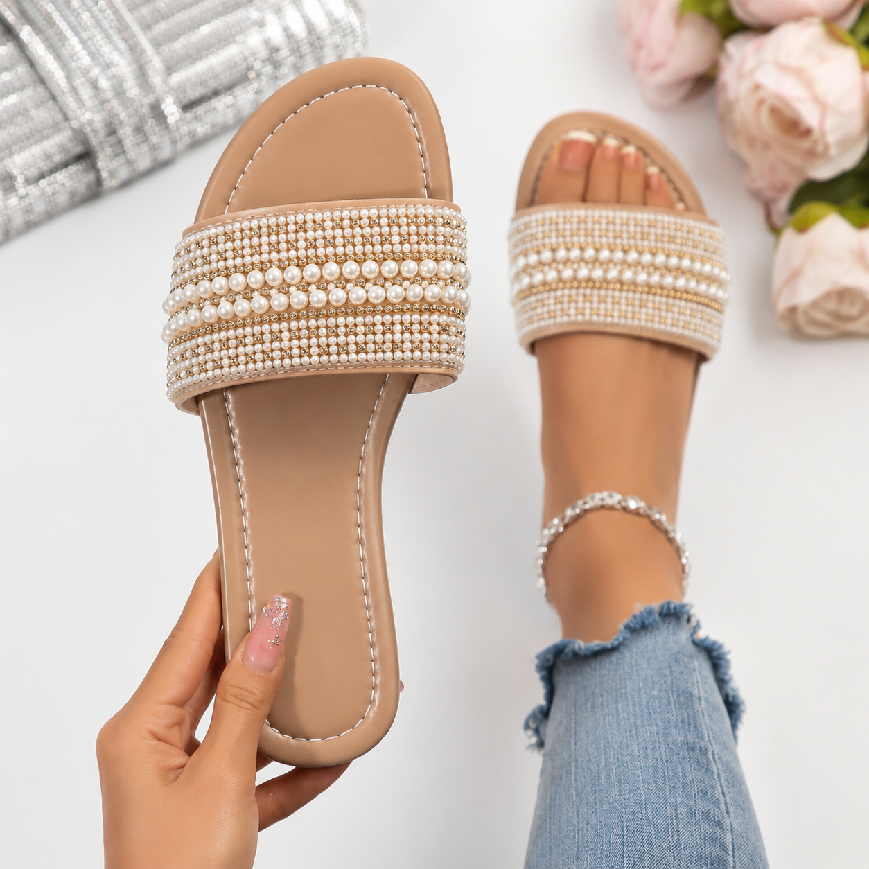 Casual Pearl Rhinestone Flat Sandals For Summer For Women