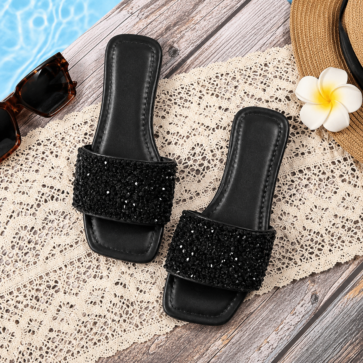 Casual Pearl Rhinestone Flat Sandals For Summer For Women