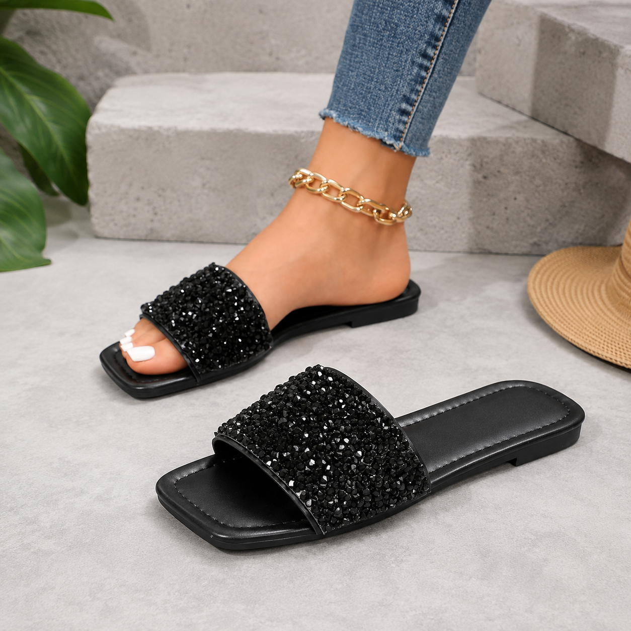 Casual Pearl Rhinestone Flat Sandals For Summer For Women