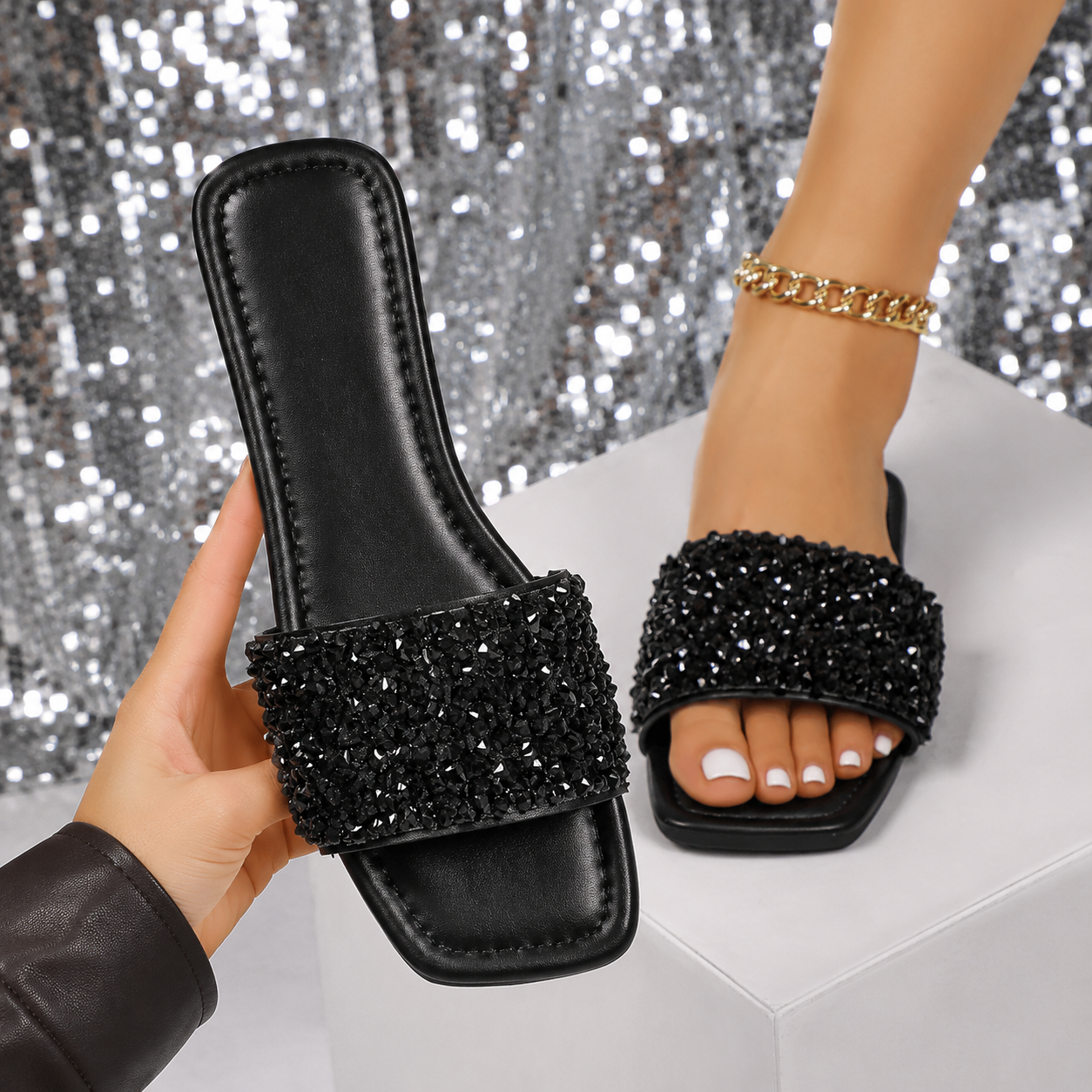 Casual Pearl Rhinestone Flat Sandals For Summer For Women