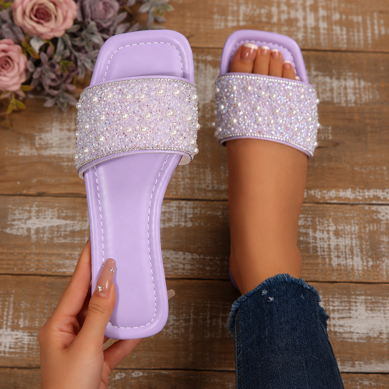 Casual Pearl Rhinestone Flat Sandals For Summer For Women