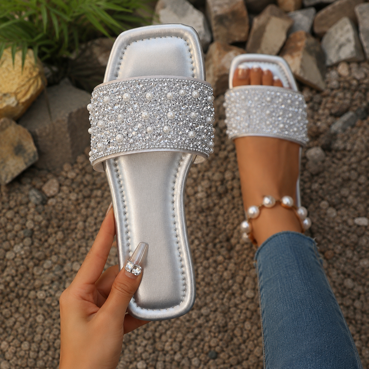 Casual Pearl Rhinestone Flat Sandals For Summer For Women