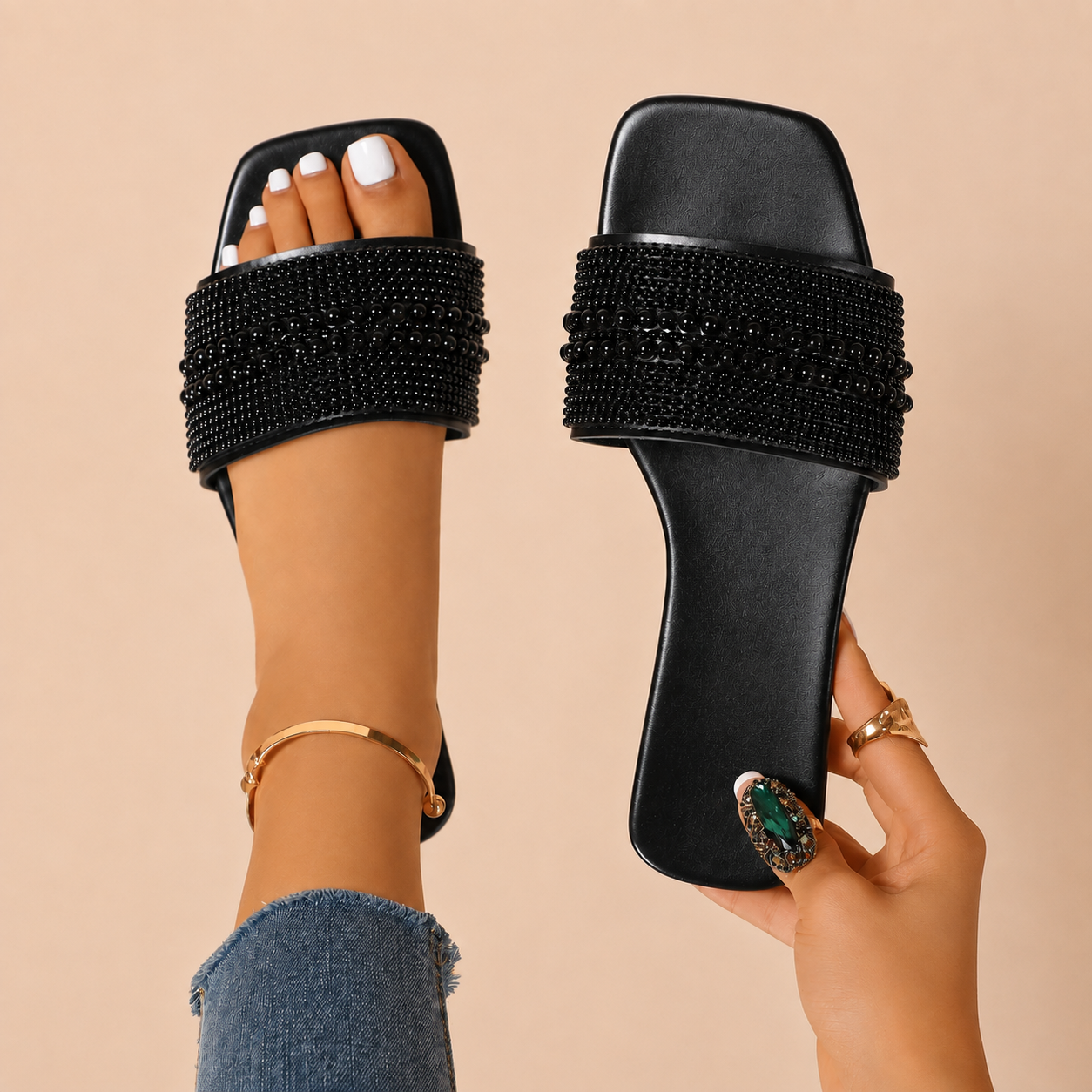 Casual Pearl Rhinestone Flat Sandals For Summer For Women
