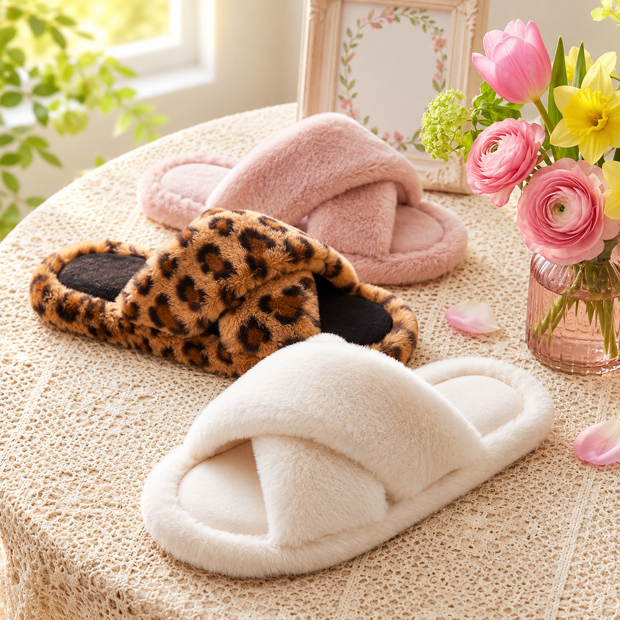 Non Slip Memory Foam Cross Band Faux Fur Slippers For Women