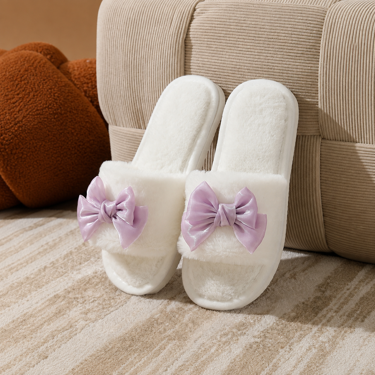 Bowknot Furry Strap Indoor Cozy Slippers