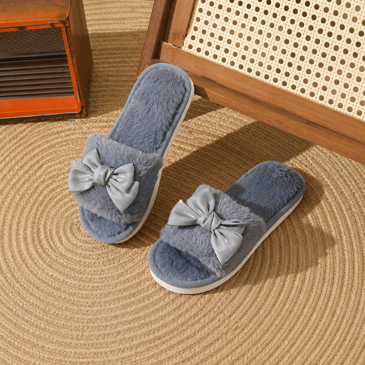 Bowknot Furry Strap Indoor Cozy Slippers