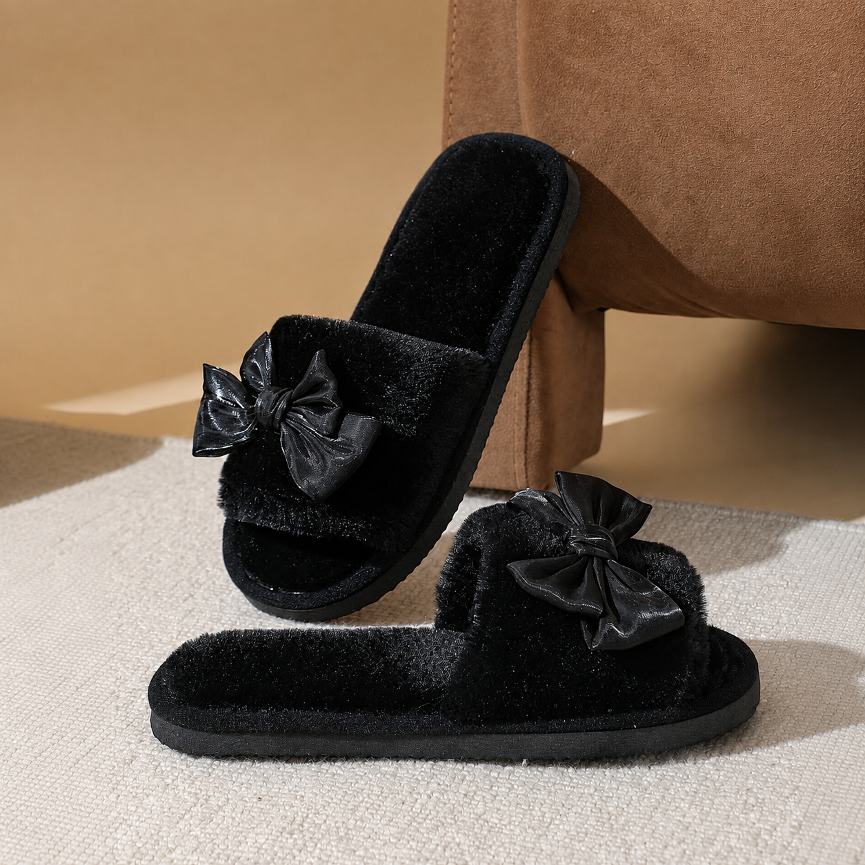 Bowknot Furry Strap Indoor Cozy Slippers