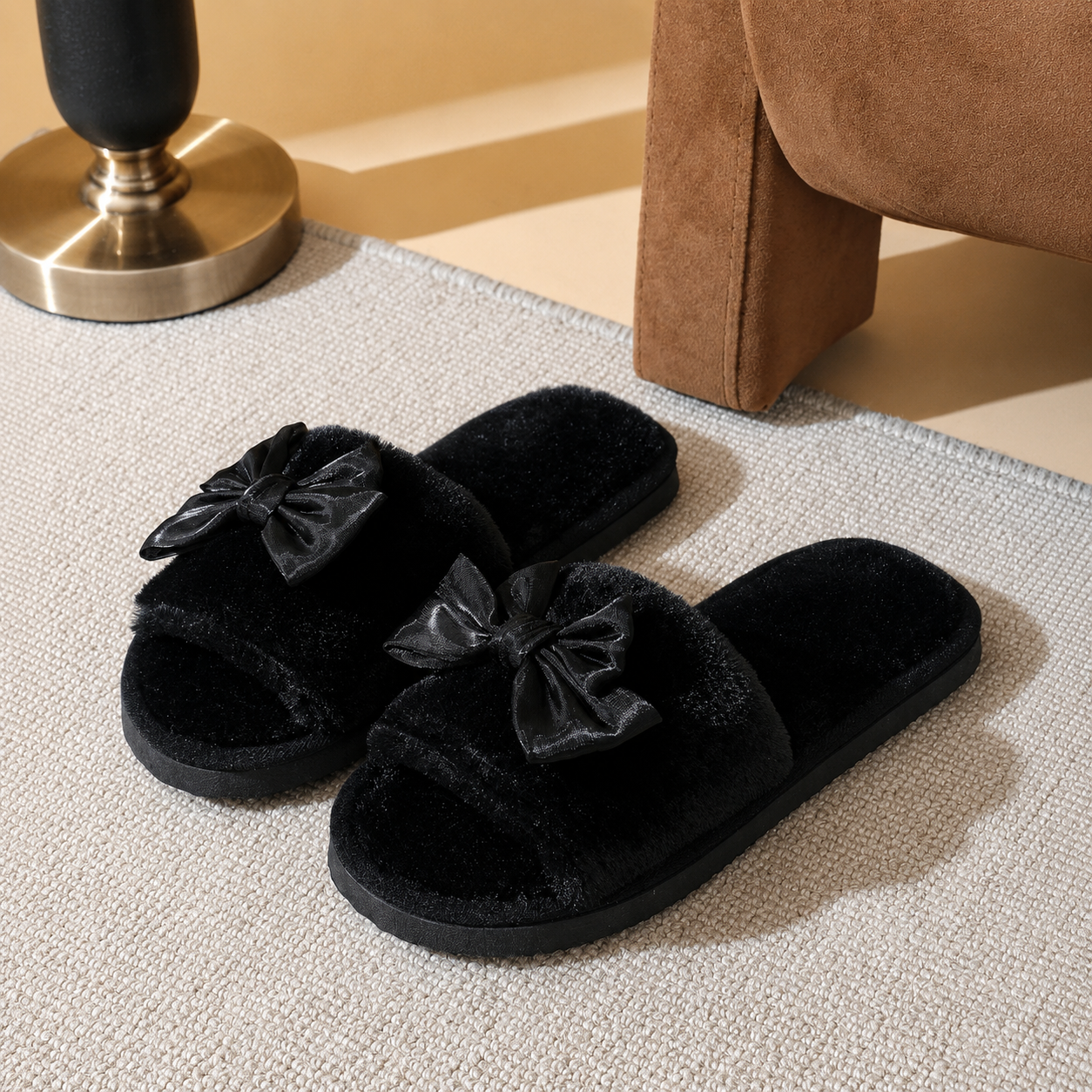 Bowknot Furry Strap Indoor Cozy Slippers