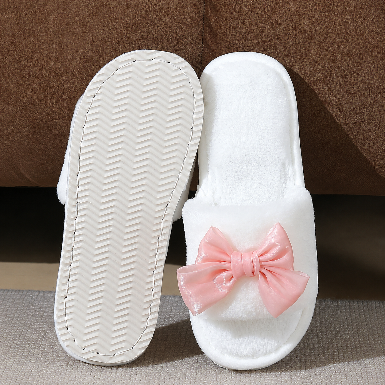 Bowknot Furry Strap Indoor Cozy Slippers