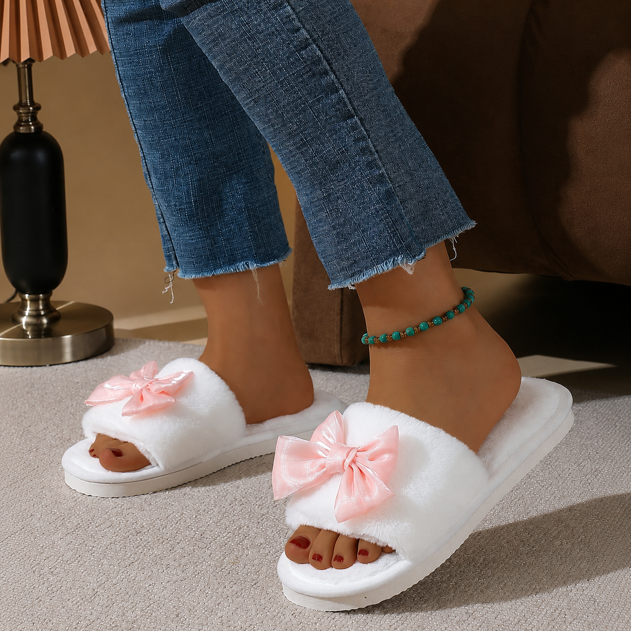 Bowknot Furry Strap Indoor Cozy Slippers