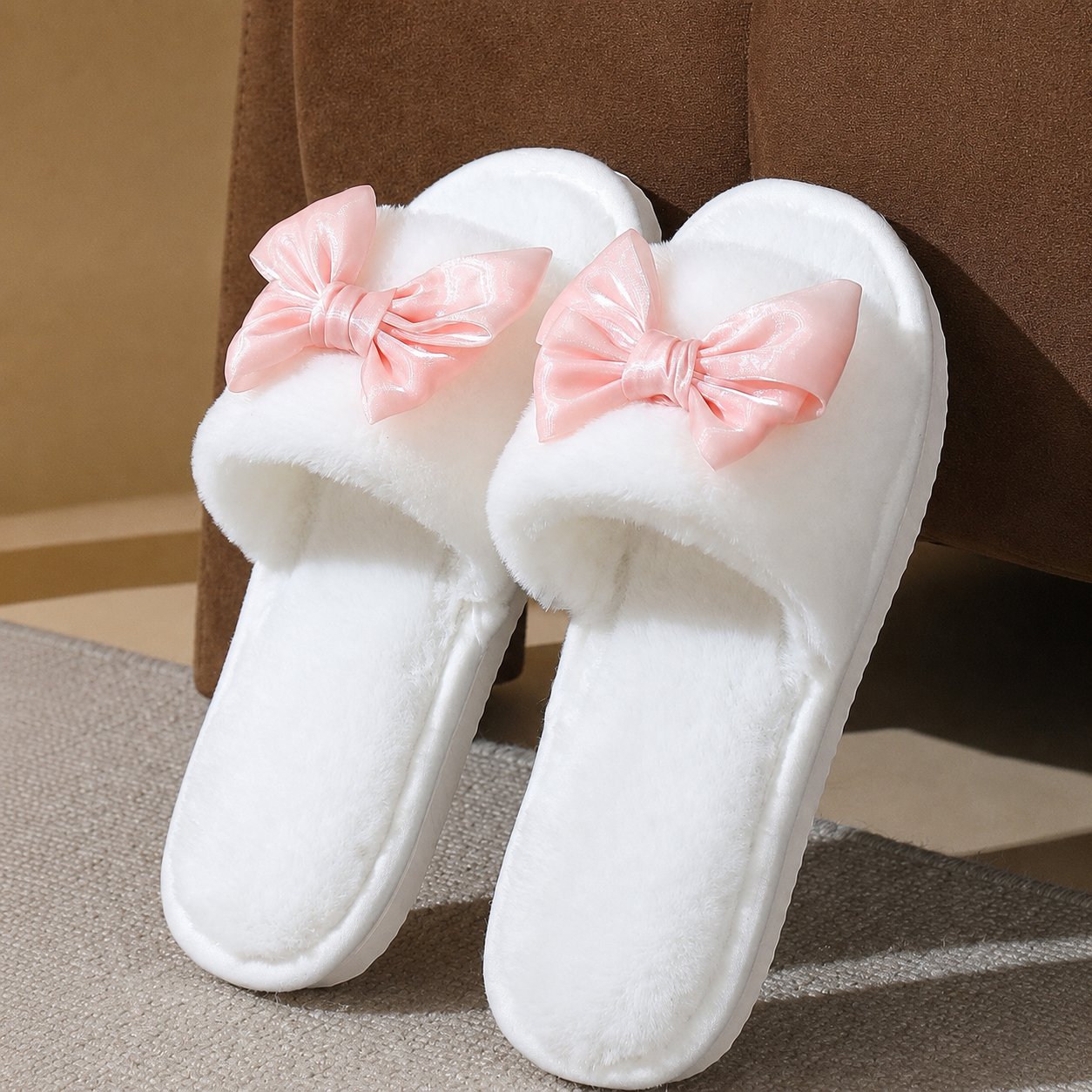Bowknot Furry Strap Indoor Cozy Slippers