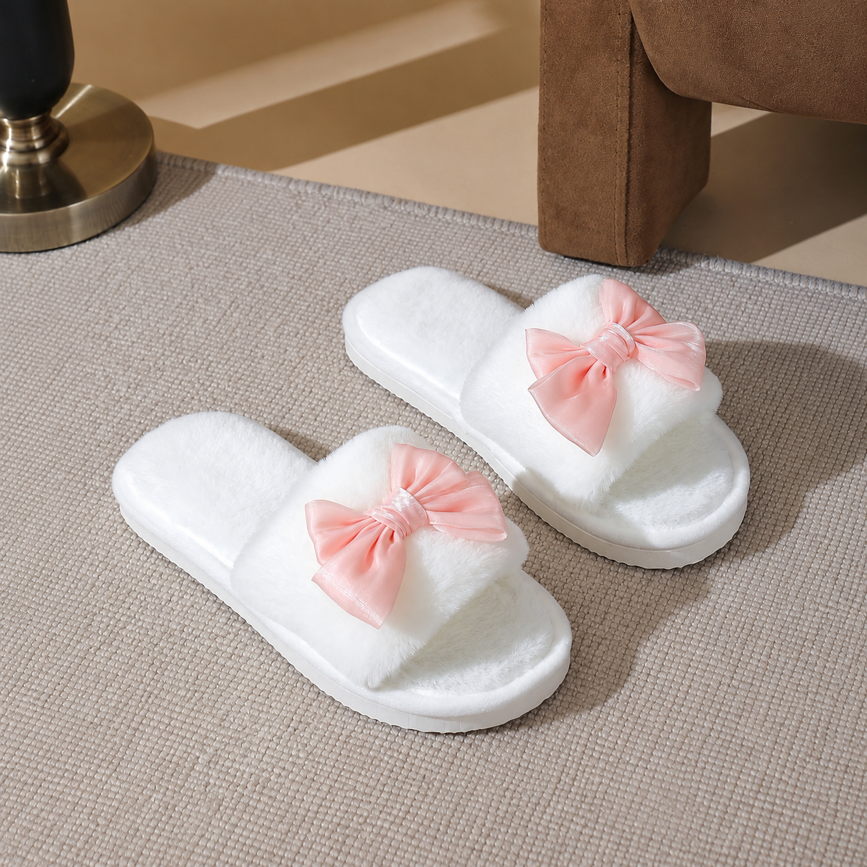 Bowknot Furry Strap Indoor Cozy Slippers