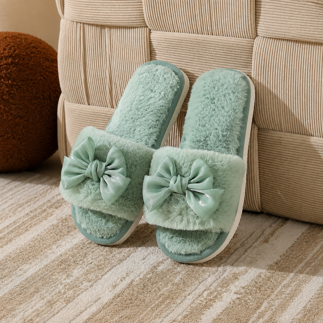 Bowknot Furry Strap Indoor Cozy Slippers