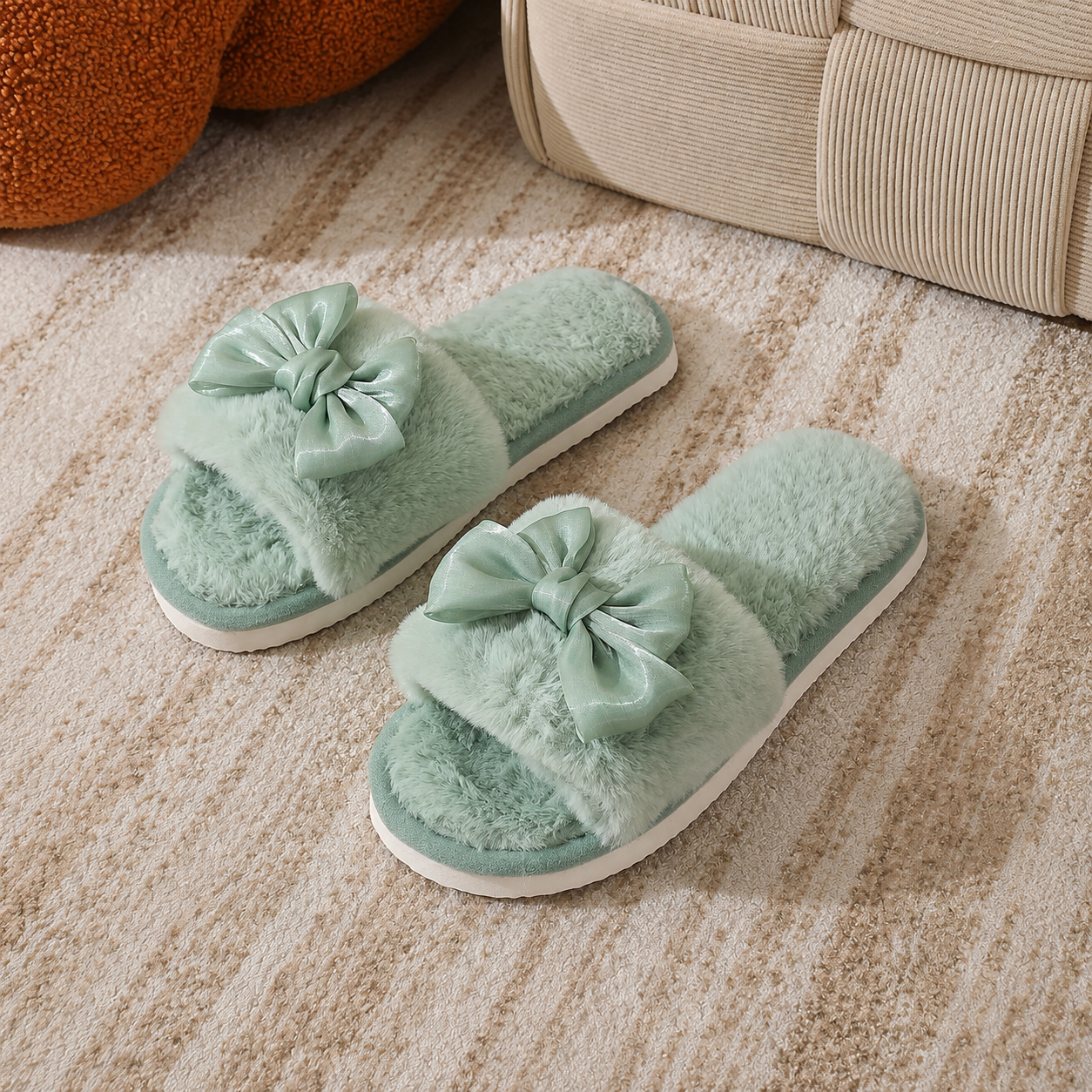 Bowknot Furry Strap Indoor Cozy Slippers