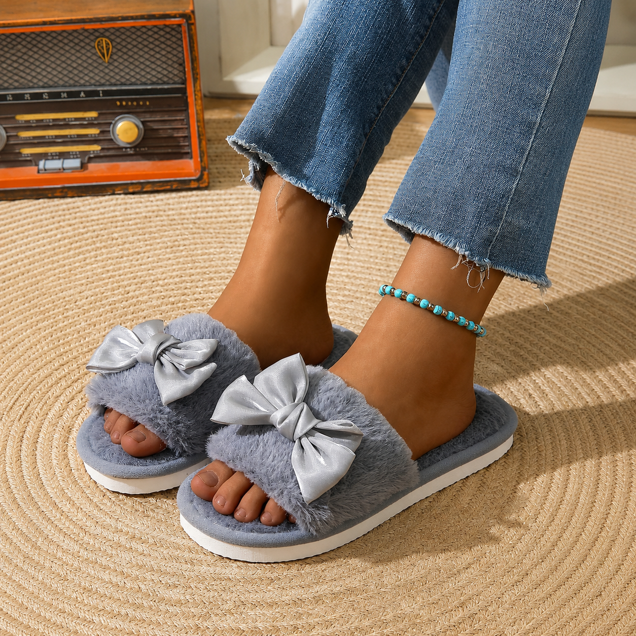 Bowknot Furry Strap Indoor Cozy Slippers
