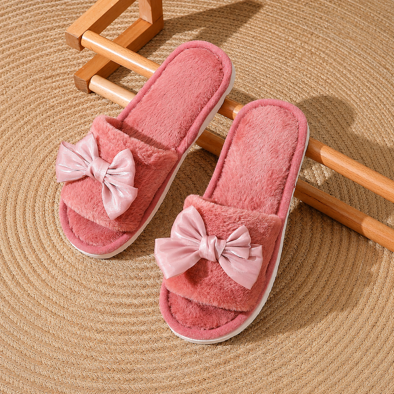 Bowknot Furry Strap Indoor Cozy Slippers