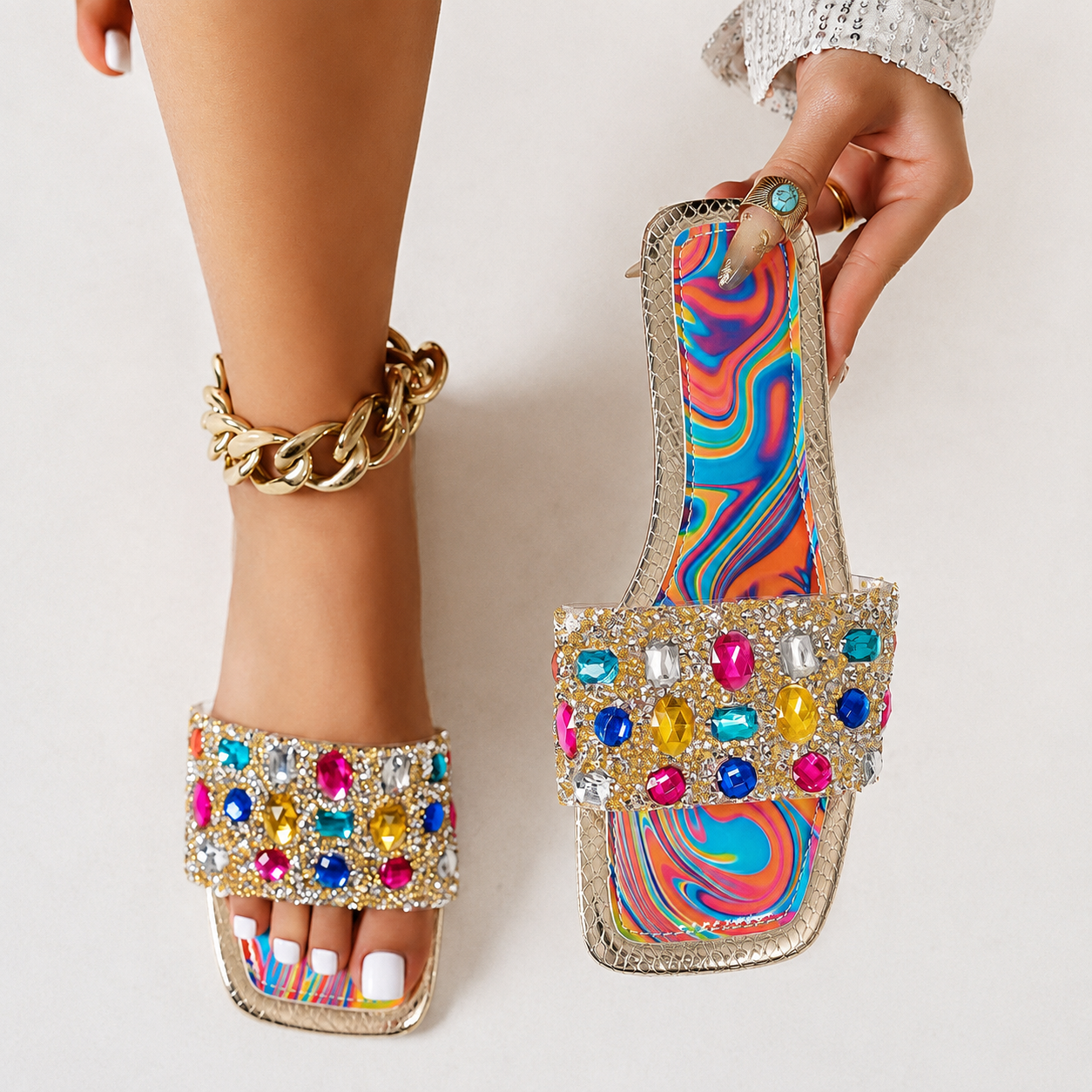 Crystal Embellished Casual Flat Sandals For Women