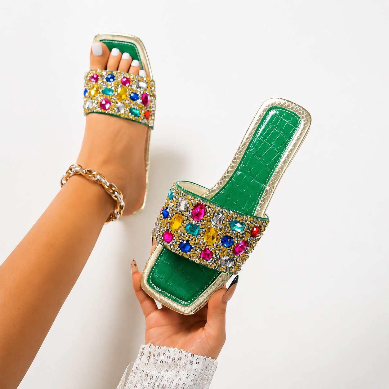 Crystal Embellished Casual Flat Sandals For Women