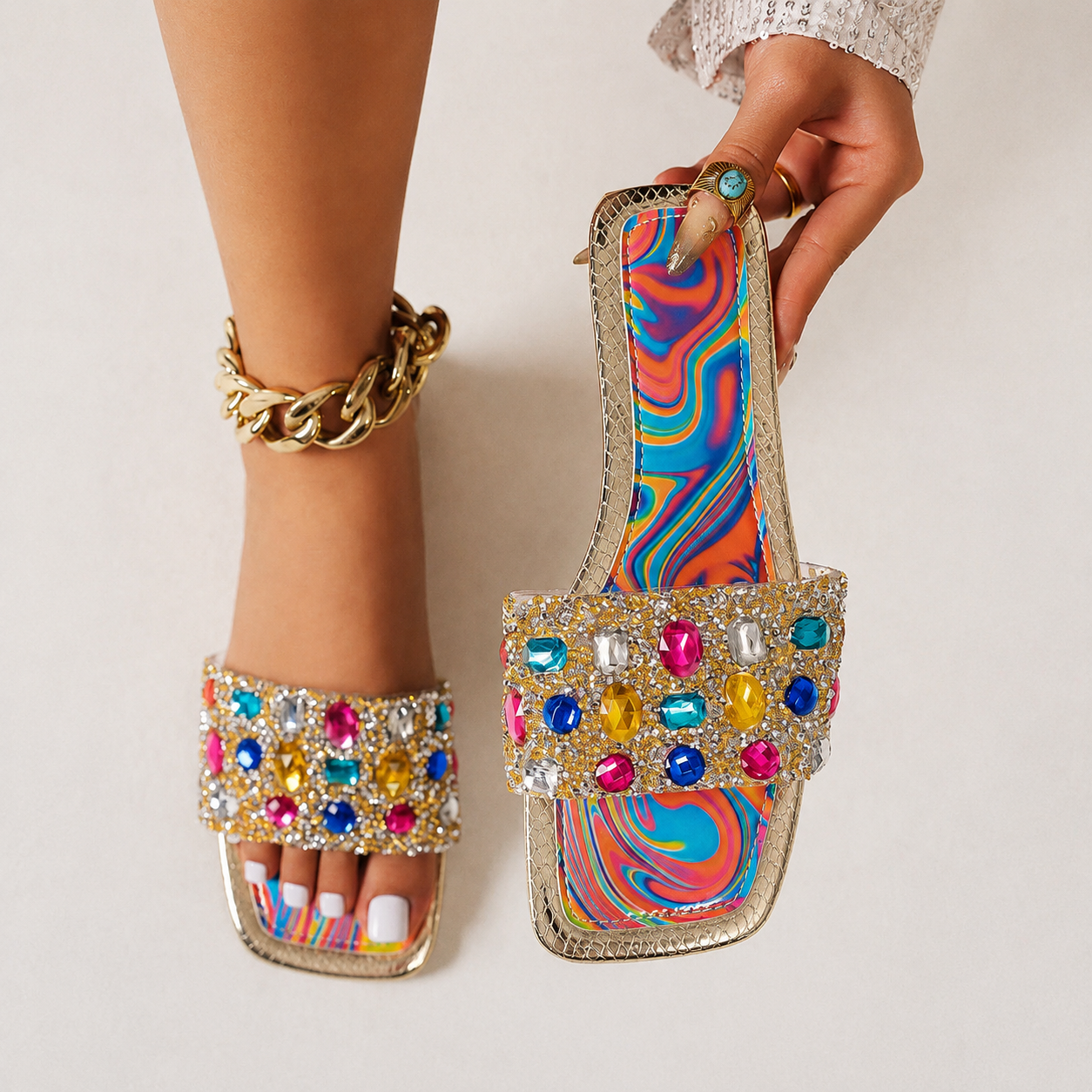 Crystal Embellished Casual Flat Sandals For Women