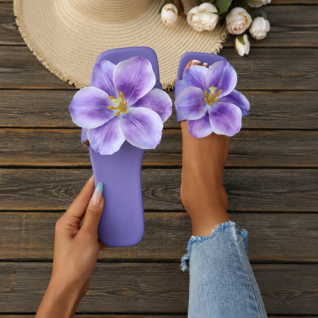 Floral Decor Strap Flat Sandals For Summer