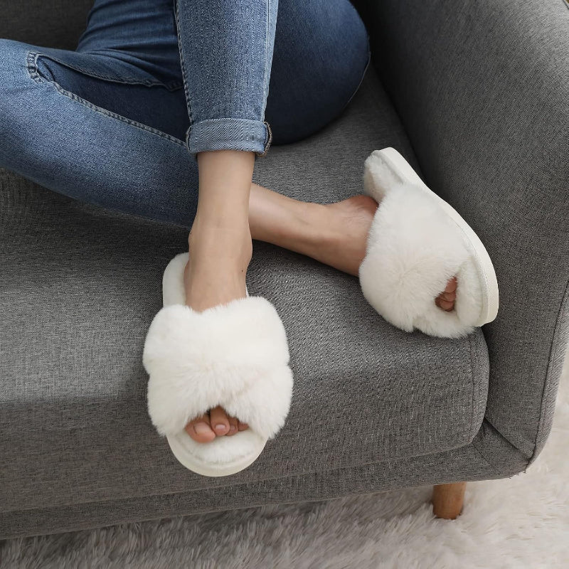Cross Band Plush Memory Foam Slippers-My Soft Slipper
