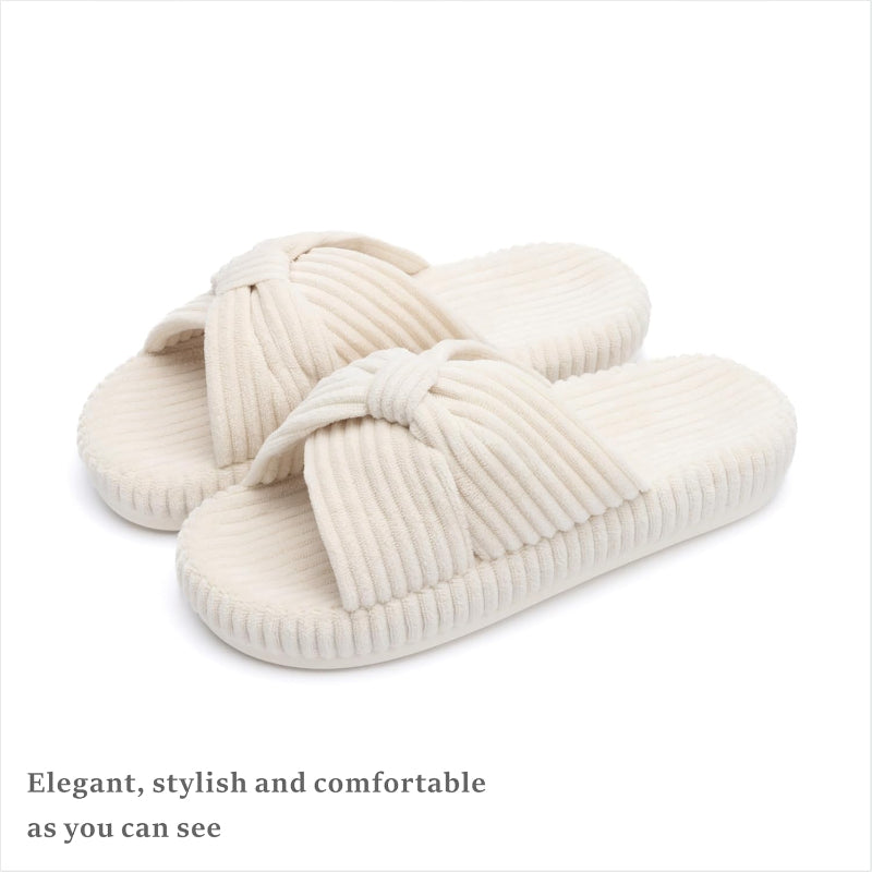 Corduroy Bow Crossband Comfy Slip On Slippers-My Soft Slipper