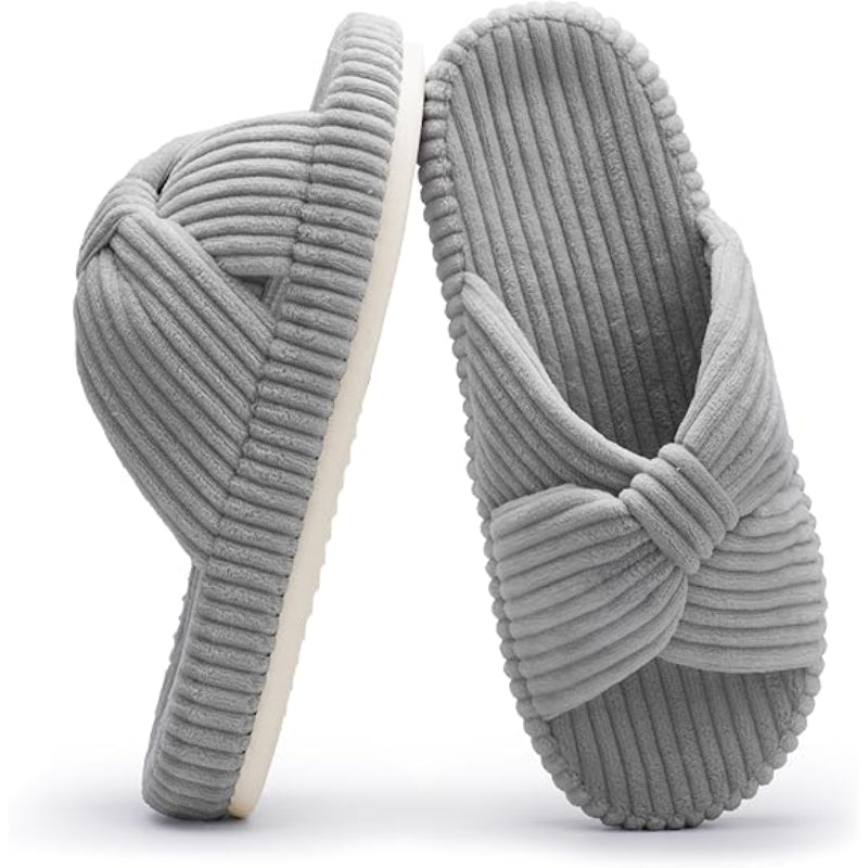Corduroy Bow Crossband Comfy Slip On Slippers-My Soft Slipper