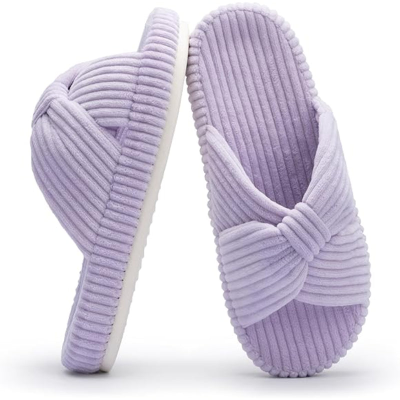 Corduroy Bow Crossband Comfy Slip On Slippers-My Soft Slipper