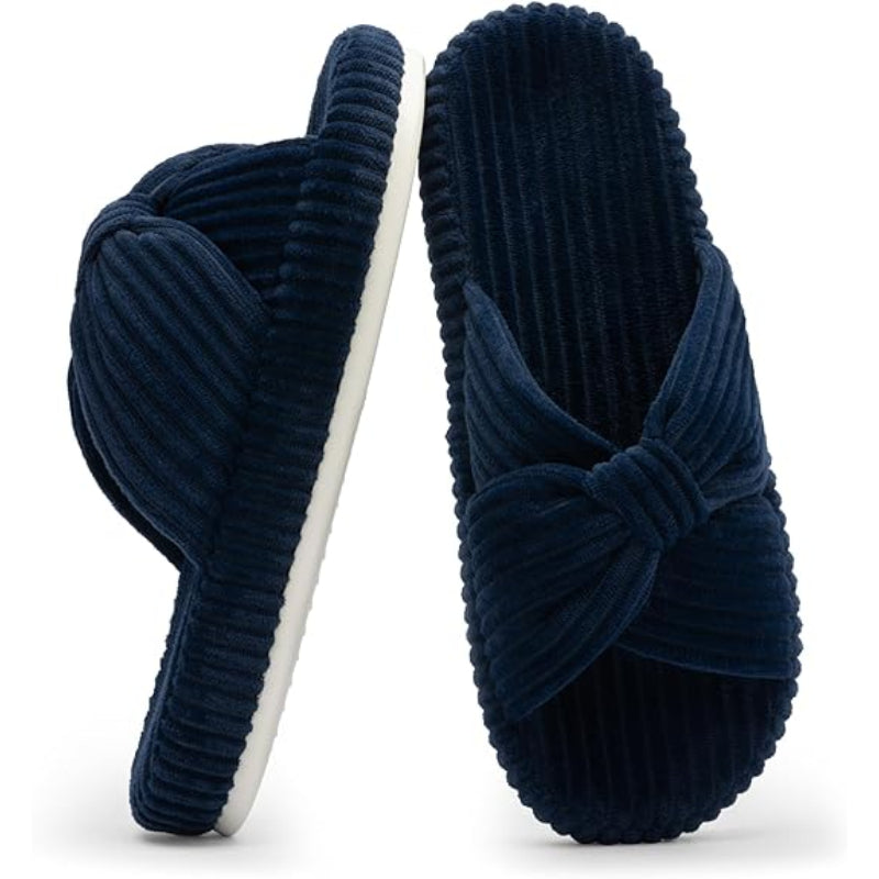 Corduroy Bow Crossband Comfy Slip On Slippers-My Soft Slipper