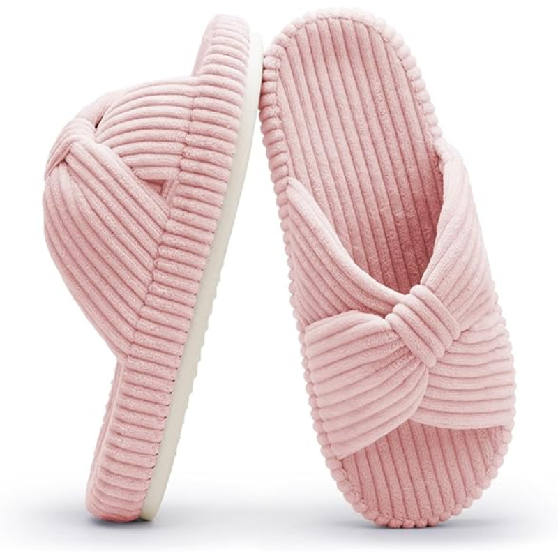 Corduroy Bow Crossband Comfy Slip On Slippers-My Soft Slipper