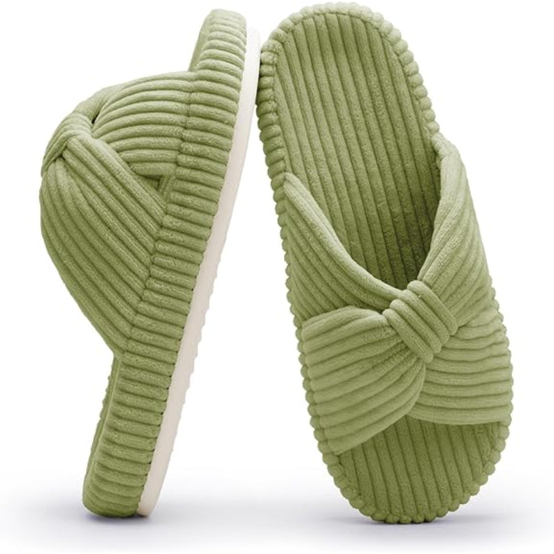 Corduroy Bow Crossband Comfy Slip On Slippers-My Soft Slipper