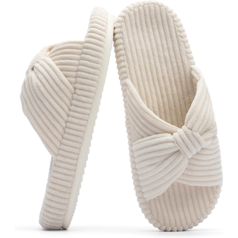 Corduroy Bow Crossband Comfy Slip On Slippers-My Soft Slipper