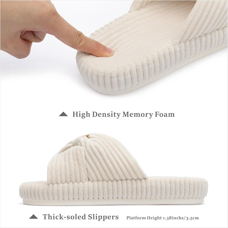 Corduroy Bow Crossband Comfy Slip On Slippers-My Soft Slipper