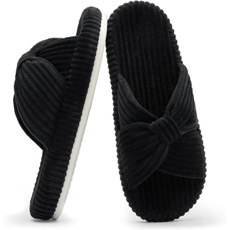 Corduroy Bow Crossband Comfy Slip On Slippers-My Soft Slipper