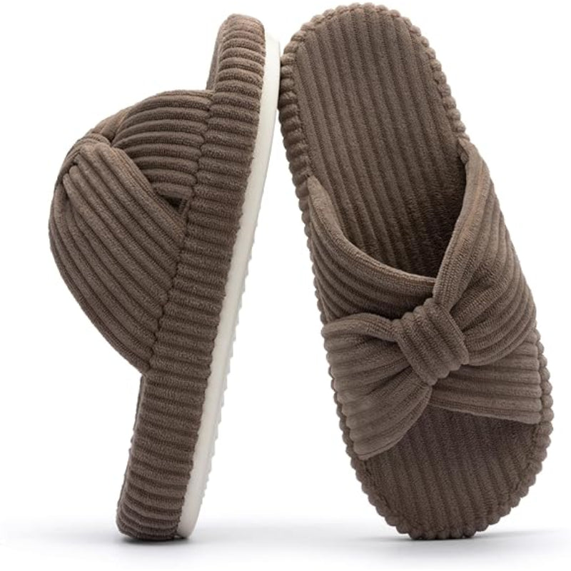 Corduroy Bow Crossband Comfy Slip On Slippers-My Soft Slipper