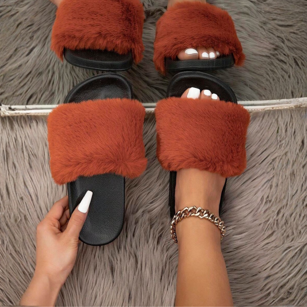 Faux Fur Platform Slide Slippers For Indoor Wear