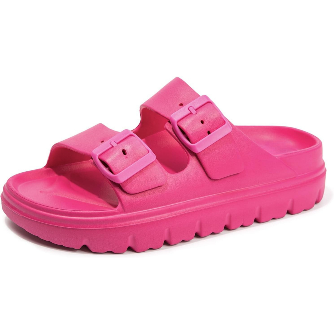 Arch Support Foam Slip On Flat Beach Comfort Slides Sandals with Adjustable Buckle for Women