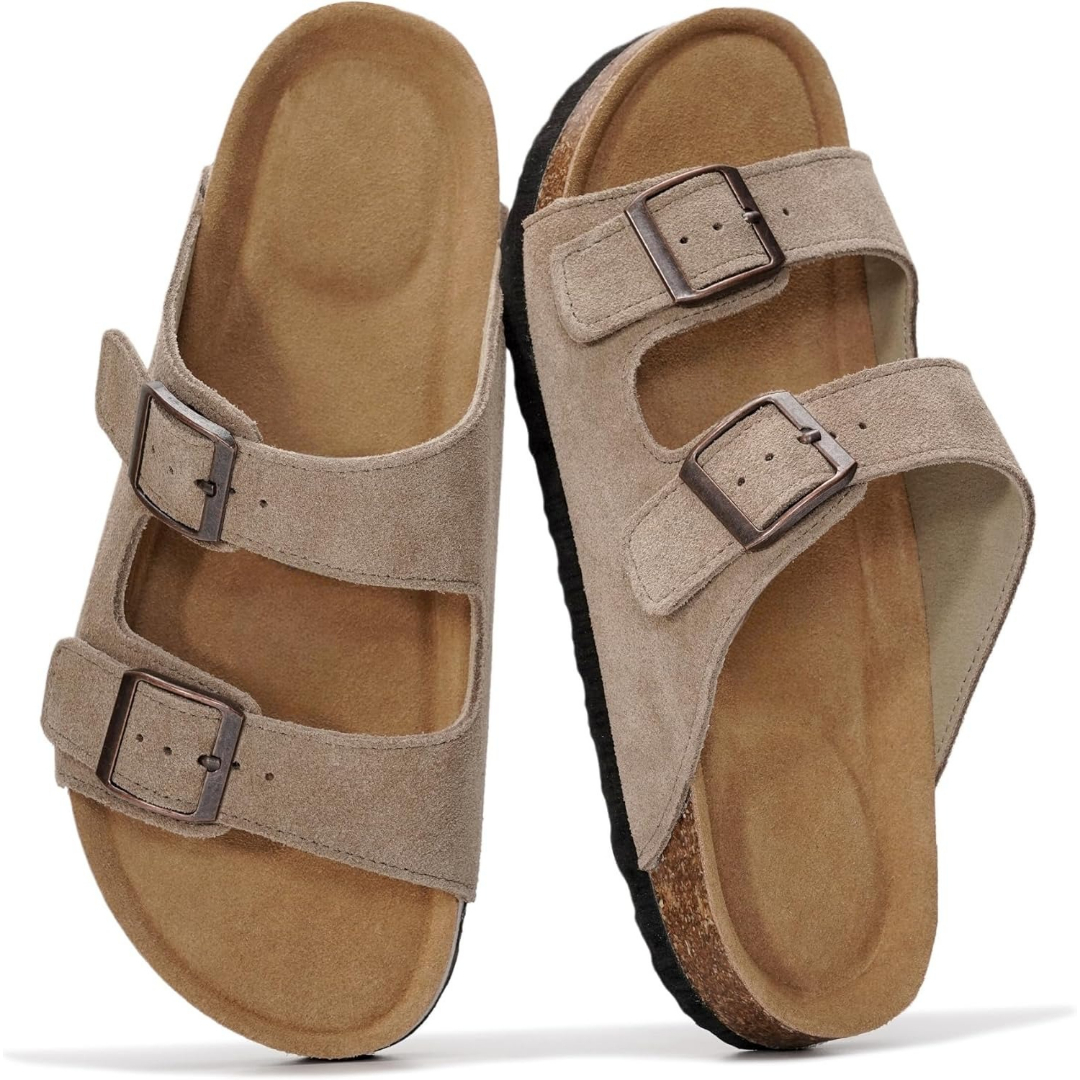 Cork Foot Bed Leather Flat Sandals For Women With Memory Foam And Arch Support