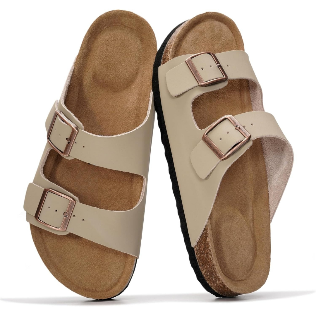 Cork Foot Bed Leather Flat Sandals For Women With Memory Foam And Arch Support
