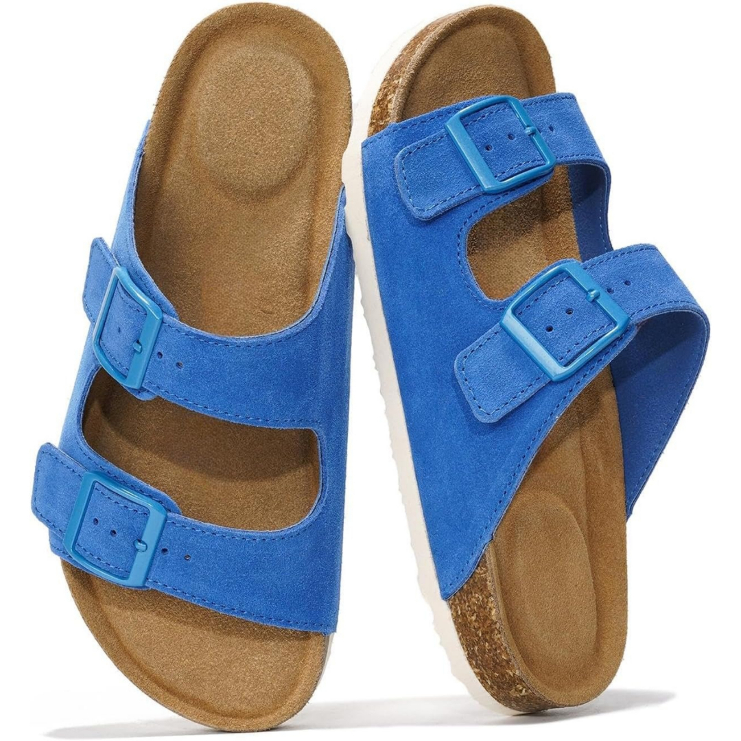 Cork Foot Bed Leather Flat Sandals For Women With Memory Foam And Arch Support