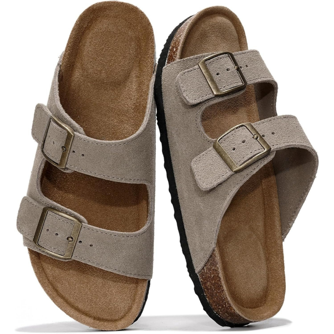 Cork Foot Bed Leather Flat Sandals For Women With Memory Foam And Arch Support