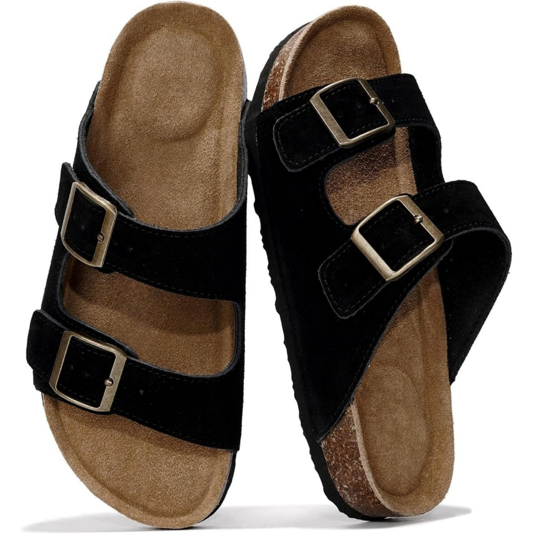 Cork Foot Bed Leather Flat Sandals For Women With Memory Foam And Arch Support